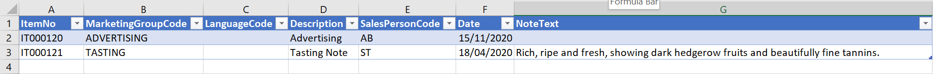 Example of a multi-line XML export opened in Excel