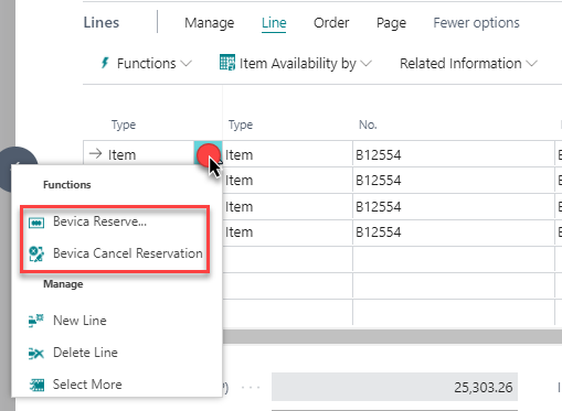 Sales line options menu showing Bevica Reserve